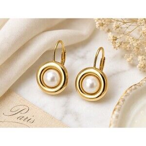 Vintage Mid Century Style Gold Tone Faux Pearl Leverback Earrings Classic 1960s